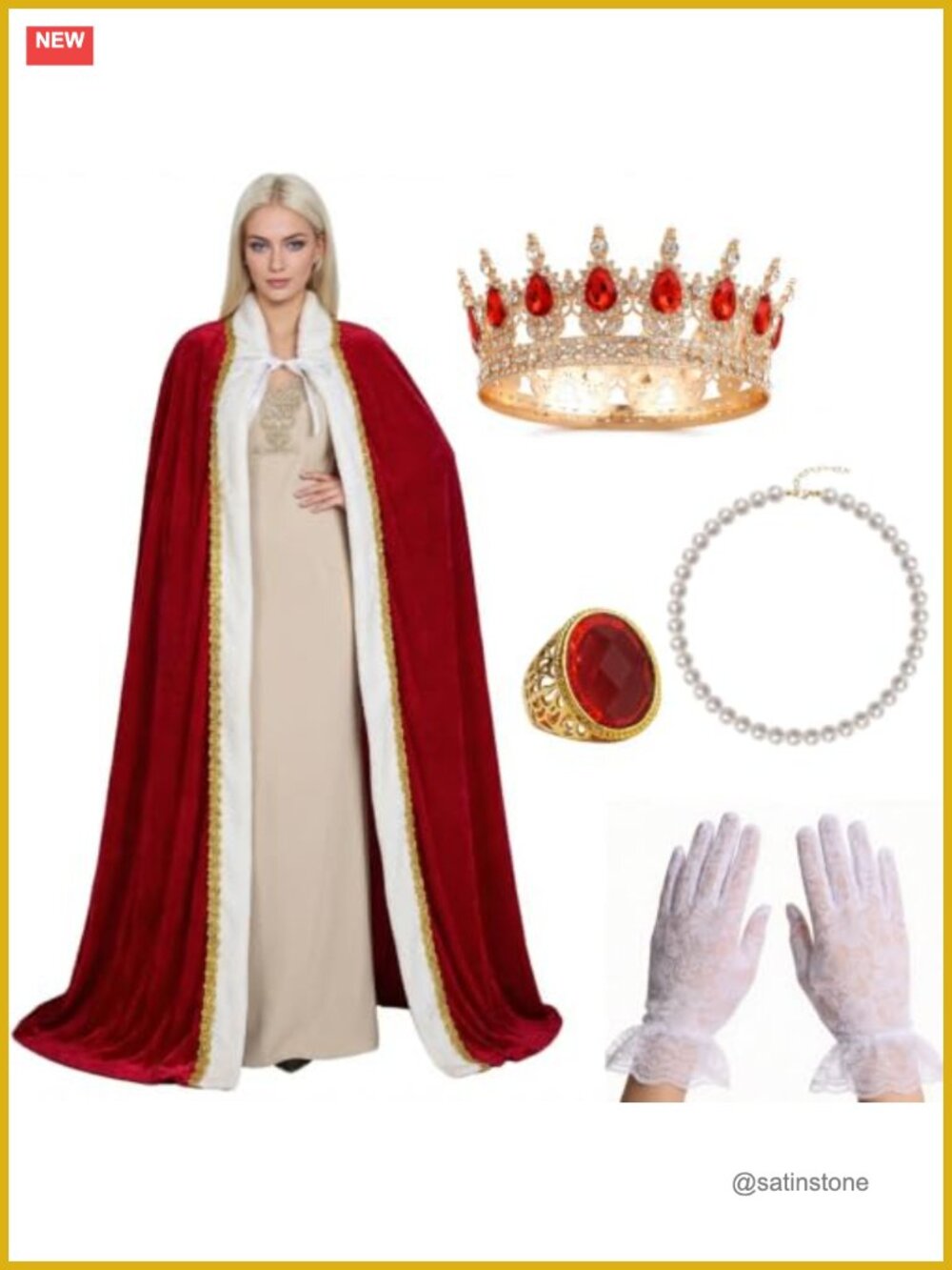5-Piece Queen Cape Set Velvet Crown Necklace Gloves Renaissance Costume